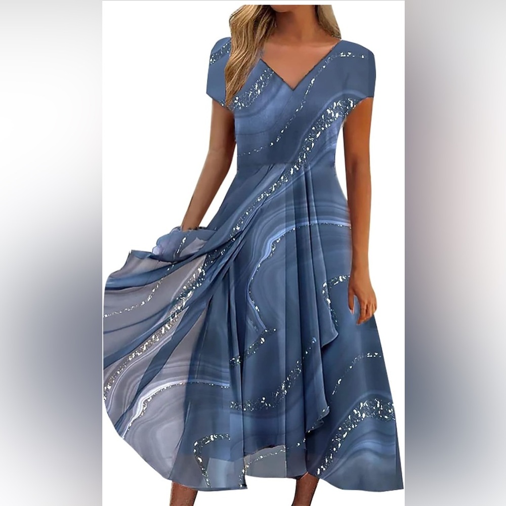 2X Blue & White V-Neck Long Flowing Asymmetrical Dress
